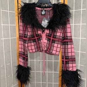 The Ragged Priest Pink Checkered Blazer with Black Faux Fur